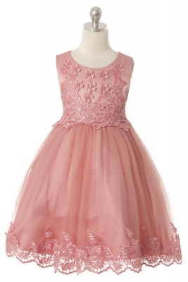 Girls Dress Style 1046 - Elegant Sleeveless Dress with Floral Applique Details in Dusty Pink